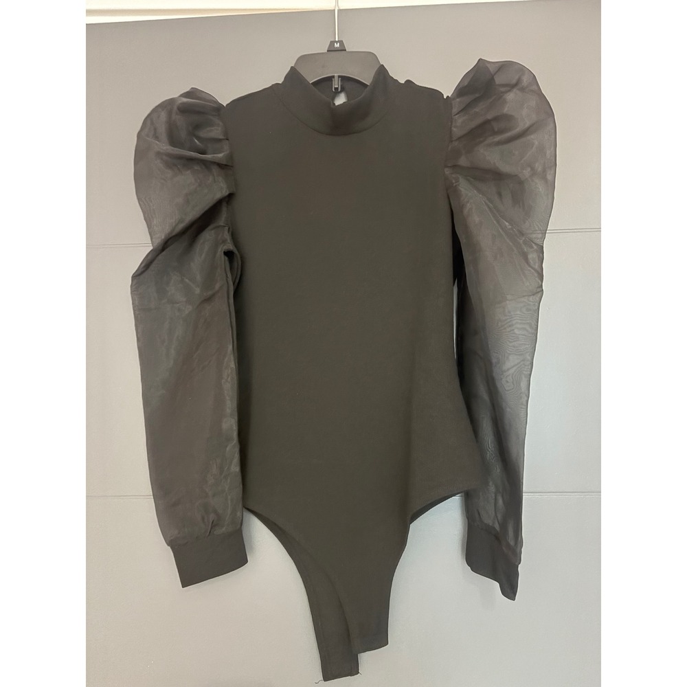TCEC Black‎ Sheer Puff Sleeve Mock Neck Bodice Ribbed Bodysuit CT7755 l